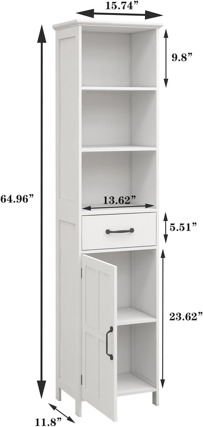 Tall Bathroom Storage Cabinet with Door and Shelves, Narrow Bathroom Cabinet Freestanding, White Slim Storage Cabinet for Home, Kitchen, Anti-Tipping
