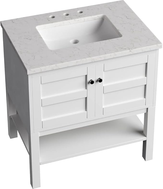 Hanover Manorville 31'' Vanity Cabinet with Sink Combo for Bathroom, Powder Room | Pre-Assembled Cabinet | 2 Doors, Bottom Shelf | Artificial Stone Marble Countertop, White Cabinet | HANVN0101-31-1WH