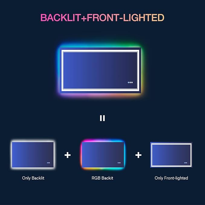 40x30 Inch RGB LED Bathroom Mirror with Lights, Color Changing RGB Backlit LED Mirror for Bathroom,Lighted Vanity Mirrors for Bathroom Wall, Dimmable, Anti-Fog (RGB Backlit+Front-Lit)