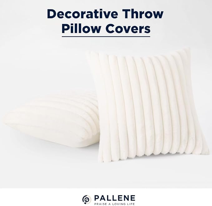 Pallene Faux Fur Plush Christmas Throw Pillow Covers 18x18 Set of 2, Luxury Soft Fluffy Striped Decorative Pillow Covers for Sofa, Couch, Living Room, Cream White