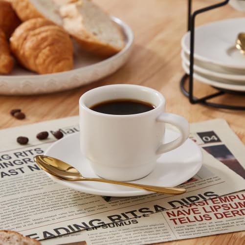 Lareina 3-Ounce Espresso Cups with Saucers, Spoons and Metal Stand, Small Stackable Coffee Cups Set of 4, Ceramic Demitasse Mugs, White
