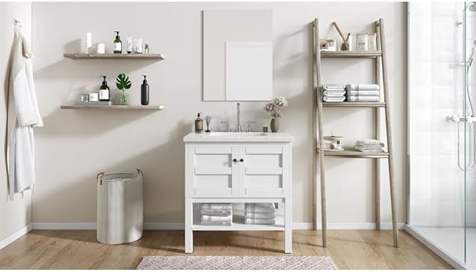 Hanover Manorville 31'' Vanity Cabinet with Sink Combo for Bathroom, Powder Room | Pre-Assembled Cabinet | 2 Doors, Bottom Shelf | Artificial Stone Marble Countertop, White Cabinet | HANVN0101-31-1WH