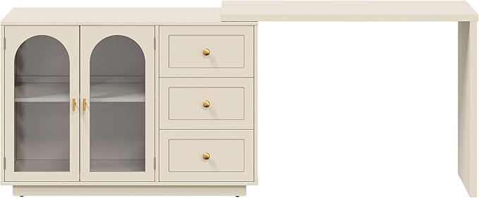 RoyalCraft L Shaped Home Office Desk, Large Extendable and Rotatable Desk with 3 Drawers and 2 Doors, Corner Computer Desk, Modern Study Writing Table for Bedroom, Home Office, Beige