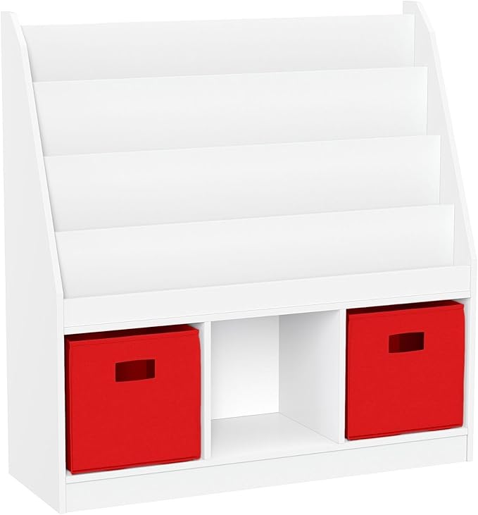 Kids Bookrack with Three Cubbies and 2 Red Bins
