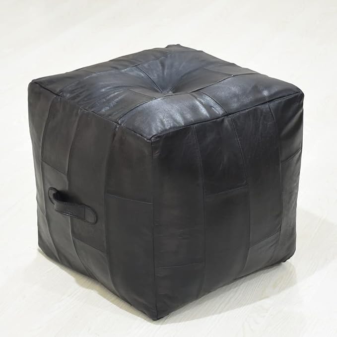 Handmade Eco-Friendly Geometric Leather Pouf Black Color Square 18" x 18" x 18" Buffalo Leather Pouf for Living Room, Bedroom Seating, Patio