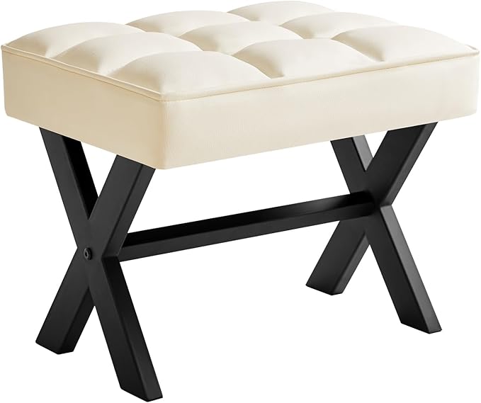 IBUYKE Small 12" H Footrest Stool, Square PU Foot Stool with Metal X-Leg, Multi-Use as Small Side Table, Step Stool for Living Room, Bedroom, Entryway, Office, White WBD012W