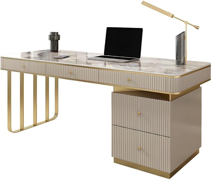 RUNNUP Stone top Computer Desk with 5 Drawers, Rectangular Home Computer Desk Writing Desk, Modern Executive Desk, Without Chairs, Khaki, 55" L x 23.5" W x 29.5" H
