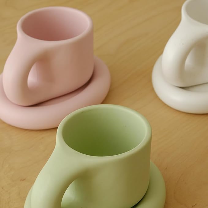 WENSHUO Chubby Funny Coffee Mug, Novelty Cute Cup and Saucer, Matte Crème, 9 oz (Matte Soft Pink)