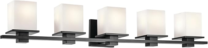 KICHLER Tully 40.25" 5-Light Vanity Light with Satin Etched Cased Opal Glass in Black for Over a Vanity, Soft Modern Style, (40.25" x 6.5" x 7"), 45193BK