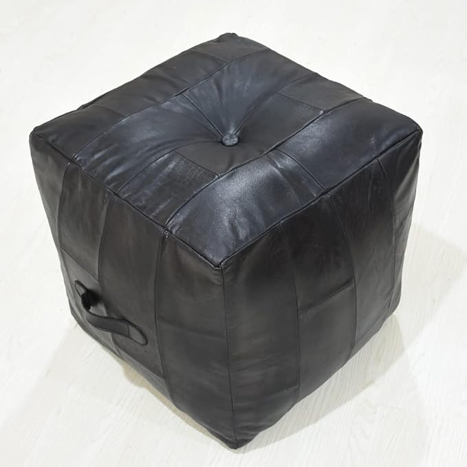 Handmade Eco-Friendly Geometric Leather Pouf Black Color Square 18" x 18" x 18" Buffalo Leather Pouf for Living Room, Bedroom Seating, Patio