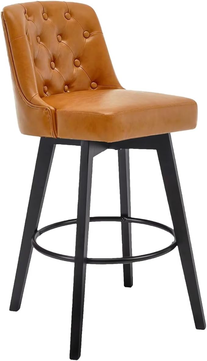 MINCETA Bar Stools Set of 3, PU Leather Barstools, 26 Inch Upholstered Counter Stools with Low Tufted Back and Footrest, Swivel Counter Height Barstools for Kitchen Island Home Bar Brown