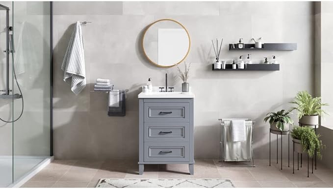 Hanover Ambridge 24'' Vanity Cabinet with Sink Combo for Bathroom, Powder Room, Pre-Assembled Cabinet, 2 Drawers, Accent Mirror, Artificial Stone Countertop, Gray Cabinet