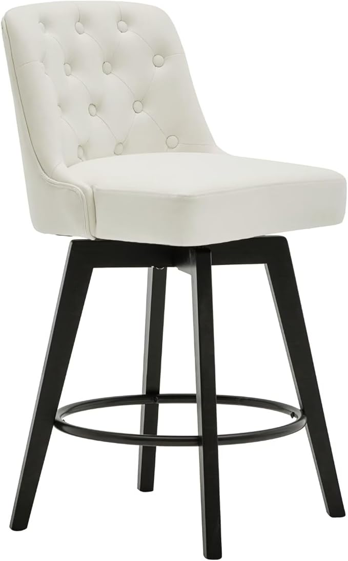 MINCETA Bar Stools Set of 4, PU Leather Barstools, 26 Inch Upholstered Counter Stools with Low Tufted Back and Footrest, Swivel Counter Height Barstools for Kitchen Island Home Bar White