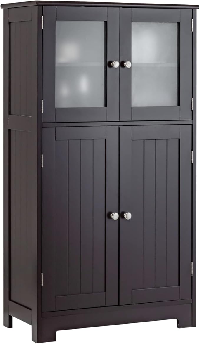 LOKO Bathroom Floor Cabinet, Storage Organizer with Glass Doors, Wooden Kitchen Cupboard with Adjustable Shelf, Versatile Floor Storage Cabinet for Bathroom, Living Room & Kitchen (Brown)