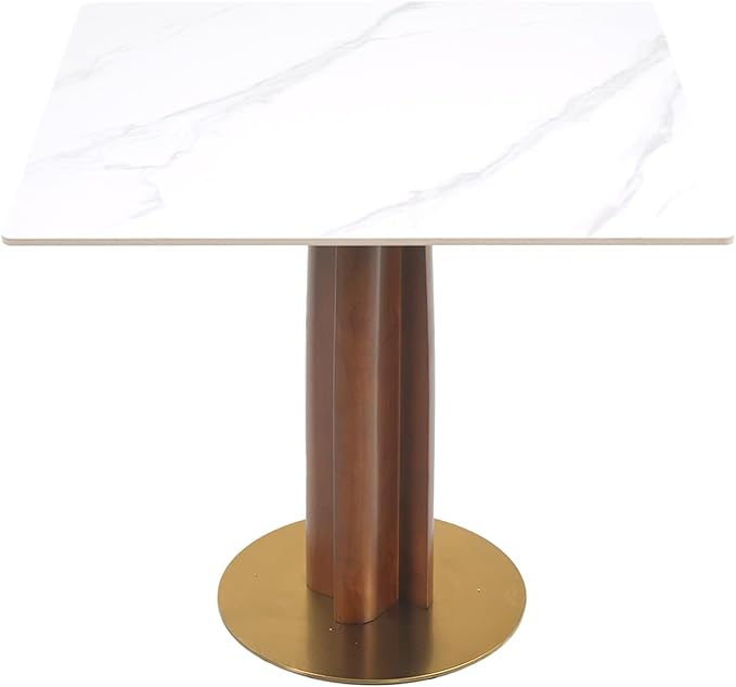 Sintered Stone Square Office Table and Chair Set - Meeting Table for Small Offices (Walnut‌ Leg and White Top, 1 Table and 2 Chairs)