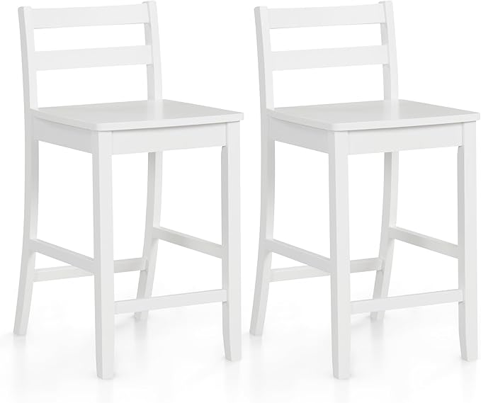 COSTWAY Wooden Bar Stools Set of 2, 24-Inch Counter Height Stools with Ergonomic Backrest & Footrest, Farmhouse High Dining Chairs for Kitchen Island, Pub, Cafe (2, White)