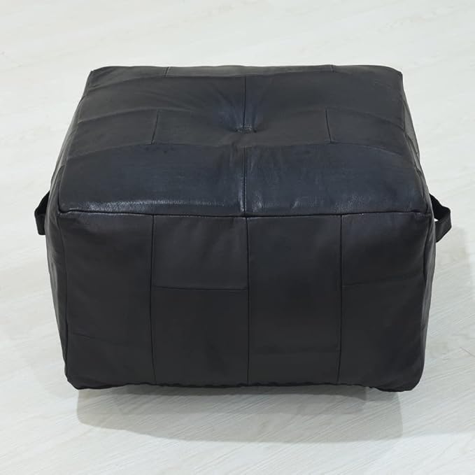 Handmade Eco-Friendly Geometric Leather Pouf Black Color Square 21" x 21" x 12" Buffalo Leather Pouf for Living Room, Bedroom Seating, Patio