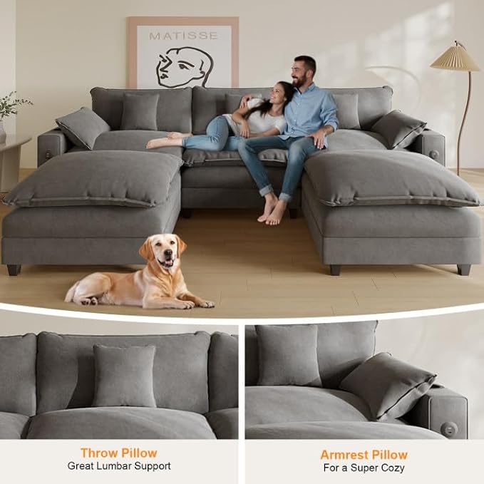 Cloud Couch, Modular Sectional Sofa with Ottoman, Charging Station, Throw Pillows, Cup Holders, Modern Convertible L Shaped Couches for Living Room, Bedroom (Grey, 116"- L Shape)