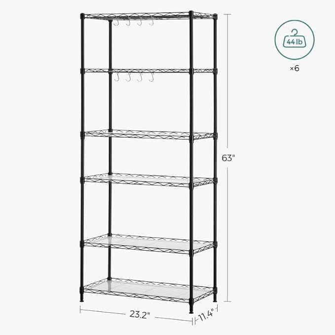 SONGMICS 6-Tier Storage Shelves, Wire Shelving Unit, Kitchen Metal Shelves, Storage Rack with Adjustable Shelves, Shelf Liners, 8 Hooks, for Garage, 11.4 x 23.2 x 63 Inches, Black ULGR066B01