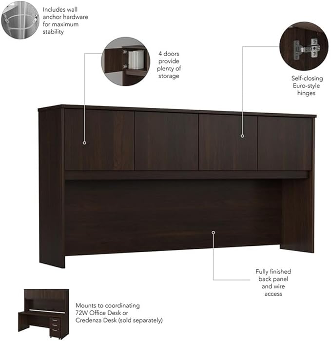 Pemberly Row Engineered Wood 72W x 30D Desk w/Hutch & Drawers in Black Walnut