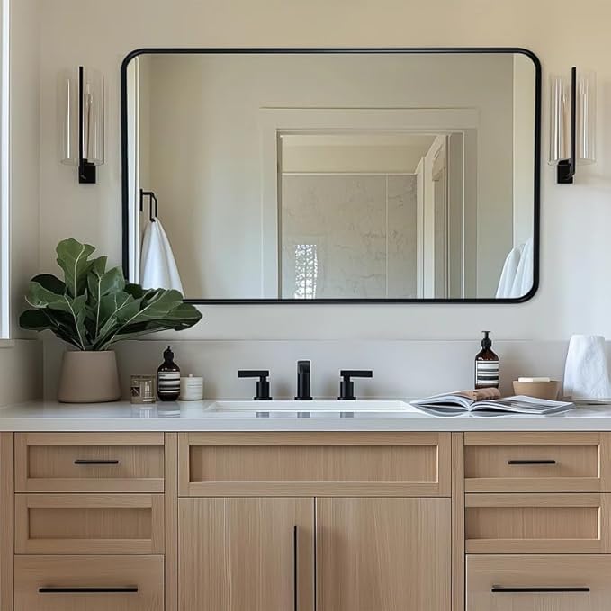 ANDY STAR Black Bathroom Wall Mirror, 24x40 Inch Rounded Rectangle Mirror for Bathroom, Modern Tube Matte Black Framed Rectangular Mirrors for Vanity, Explosion-Proof Film, Horizontal/Vertical