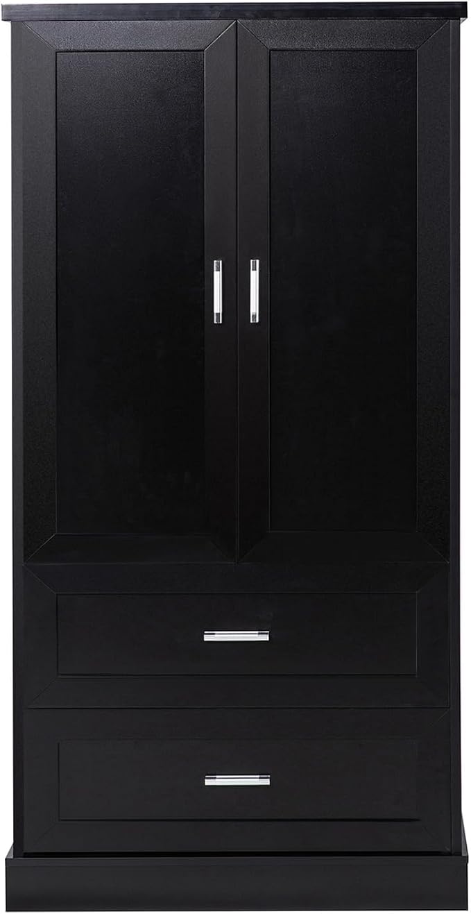 Polibi Tall Storage Cabinet with 2 Doors, 2 Drawers, 4-Tier Storage Racks of Each Door, Adjustable Shelf, Floor Free-Standing Cabinet for Bathroom, Living Room, MDF Board, Black