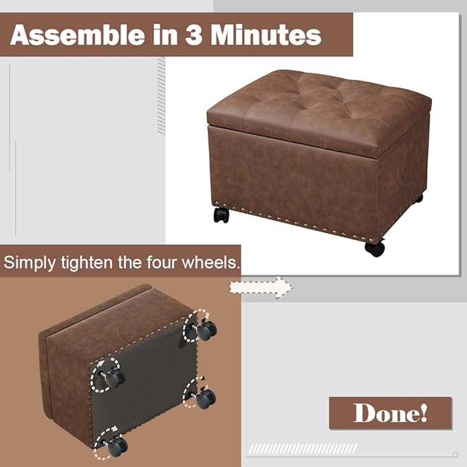 Joveco Leather Storage Ottoman with 360° Caster Wheels 24" Foot Rest Bench Rectangle Ottomans