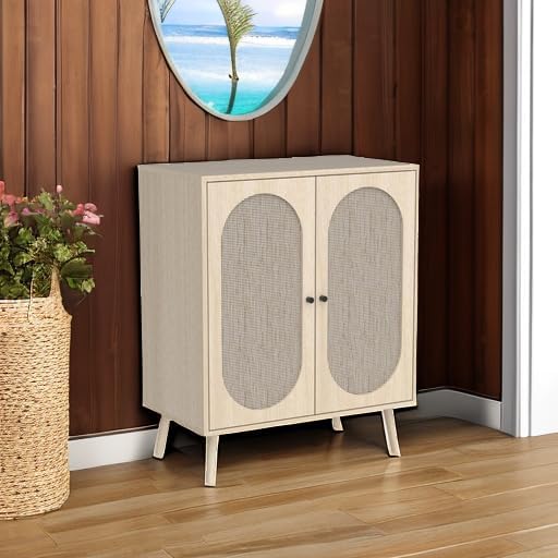 Sideboard Buffet Cabinet, High Kitchen Storage Cabinet with Rattan Doors and Adjustable Shelves, Accent Home Furniture for Living Room, Bedroom (Natural)