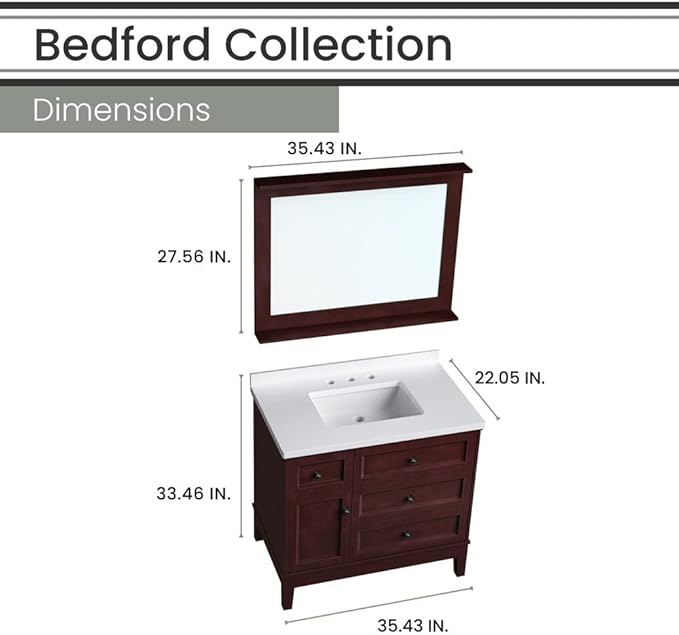 Hanover 36 Set Includes w, Brown Bedford 36'' Vanity Sink Combo for Bathroom, Powder Room | Pre-Assembled 1 Door, 3 Drawers | Accent Mirror | Artificial Stone Countertop, Cabinet, 36 inches