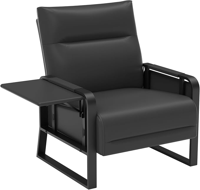 Faux Leather Accent Chair with Flip Up Tray Table Soft Backrest Side Pocket for Living Room Office Bedroom Leather Accent Chair, Black