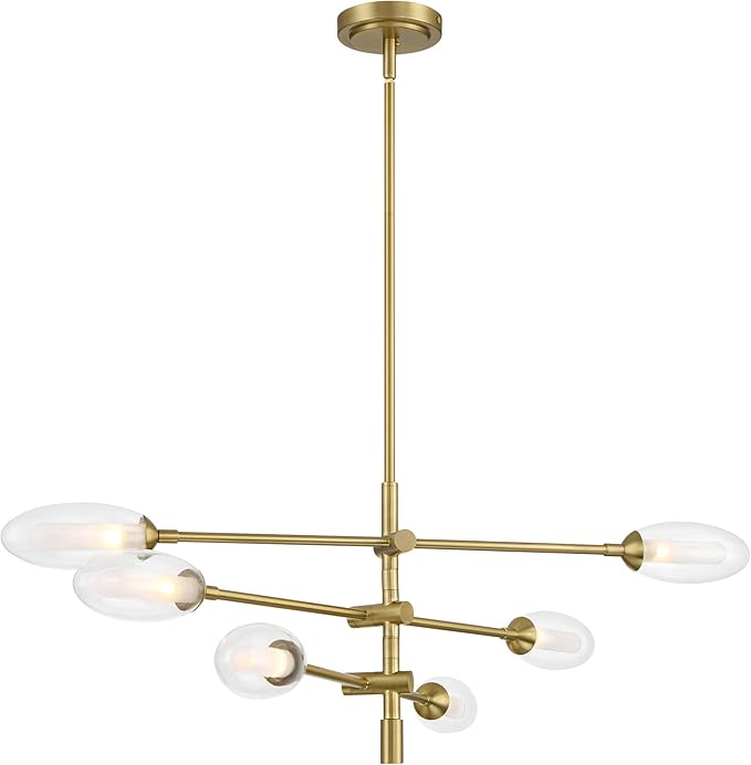 Possini Euro Design Evelyn 33" Modern Chandelier Ceiling Light Fixture Dining Room Over Table Kitchen Island Foyer Sputnik Hanging 6-Light LED Dimmable Brushed Gold Finish Glass Hallway Large