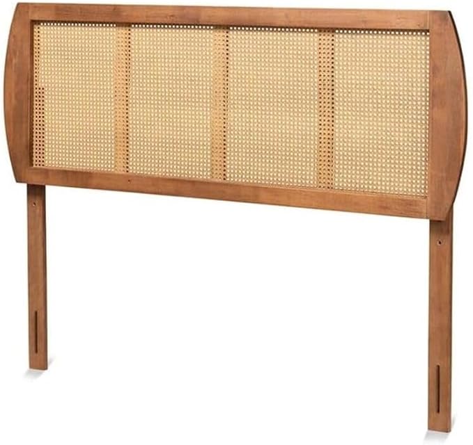 Mid-Century Modern Ash Walnut Finished Wood and Synthetic Rattan Victorian Vintage Size Headboard