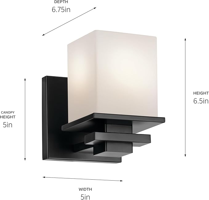 KICHLER Tully 6.5" 1-Light Wall Sconce with Satin Etched Cased Opal Glass in Black for Vanity, Living Room, Dining Room, Bedroom, Laundry Room, Mudroom, Hallway, Stairwell (6.5 x 5 x 7), 45149BK