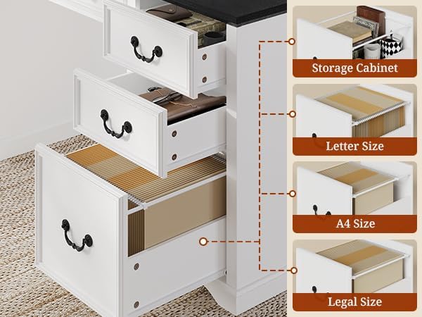 60'' Farmhouse Executive Desk with Drawers, Home Office Desk with Power Outlet & Keyboard Tray, Wood Computer Desk with File Drawer & Slide-Out Storage Shelves, Writing Desk for Work, White