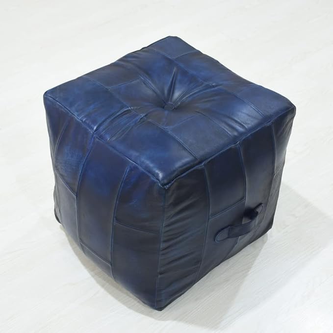 Handmade Eco-Friendly Geometric Leather Pouf Vintage Blue Color Square 14" x 14" x 14" Buffalo Leather Pouf for Living Room, Bedroom Seating, Patio