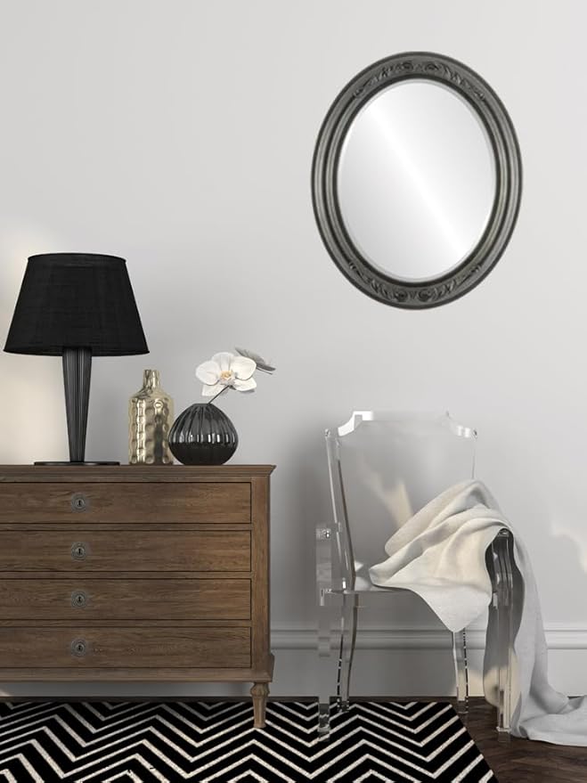 OVALCREST Oval Beveled Wall Mirror for Home Decor - Florence Style - Black Silver - 34" x 28"
