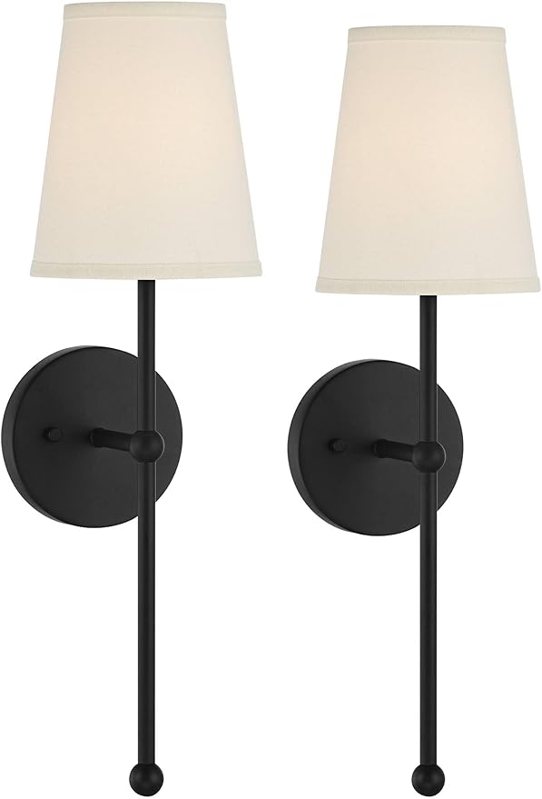Possini Euro Design Elena Modern Wall Light Sconces Set of 2 Matte Black Metal Hardwired 6" Fixture Cream Linen Tall Drum Shade for Bedroom Living Family Room Home Hallway Dining