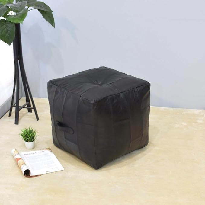 Handmade Eco-Friendly Geometric Leather Pouf Black Color Square 14" x 14" x 14" Buffalo Leather Pouf for Living Room, Bedroom Seating, Patio