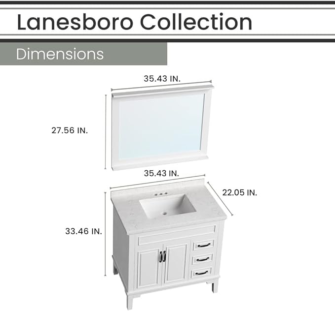 Hanover 36 Set Includes w, White Lanesboro 36'' Vanity Sink Combo for Bathroom, Powder Room | Pre-Assembled 2 Doors, 3 Drawers | Accent Mirror | Artificial Stone Countertop, Cabinet, 36 inches