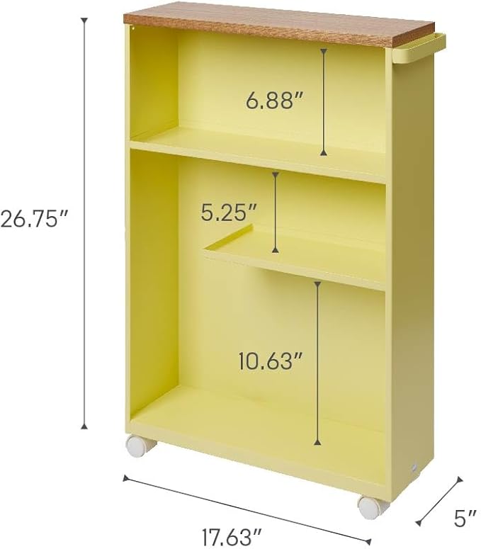 YAMAZAKI Home Slim Rolling Storage Cart – Narrow Bathroom Storage Cabinet with Handle, Slim Bathroom Storage Cart with Wheels, Easy Assembly, Steel + Wood, Yellow