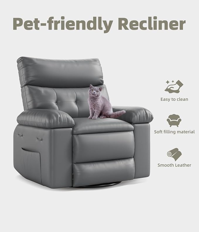 GarveeHome Oversized Recliner Chairs, Classic Manual Leather Recliner, Home Theater Seating with Lumbar & Arms Support for Living Room, Bedroom and Nursery - Grey