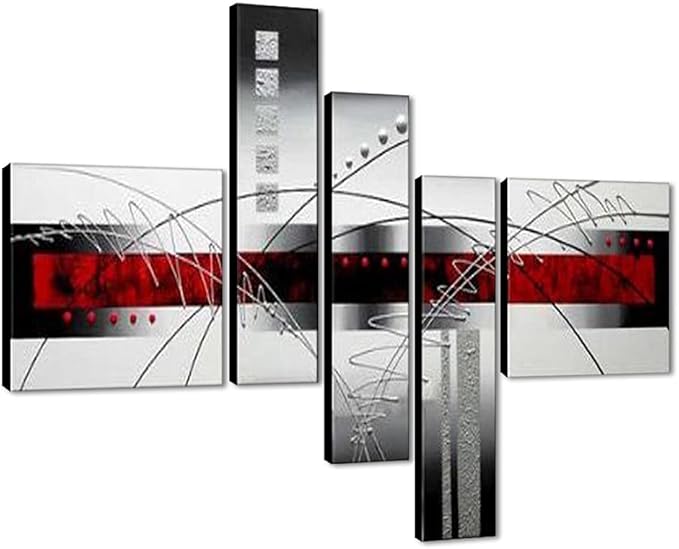Wieco Art Stretched and Framed 100% Hand-Painted Modern Canvas Wall Art Decor Perfect White Lines Home Decoration Abstract Oil Paintings on Canvas 5pcs/Set