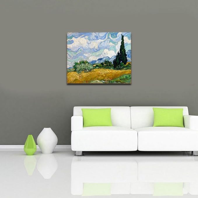 Wieco Art Wheat Field with Cypresses by Van Gogh Classic Oil Paintings Reproduction Modern Landscape Canvas Prints Artwork on Canvas Wall Art for Living Room Home Office Decorations