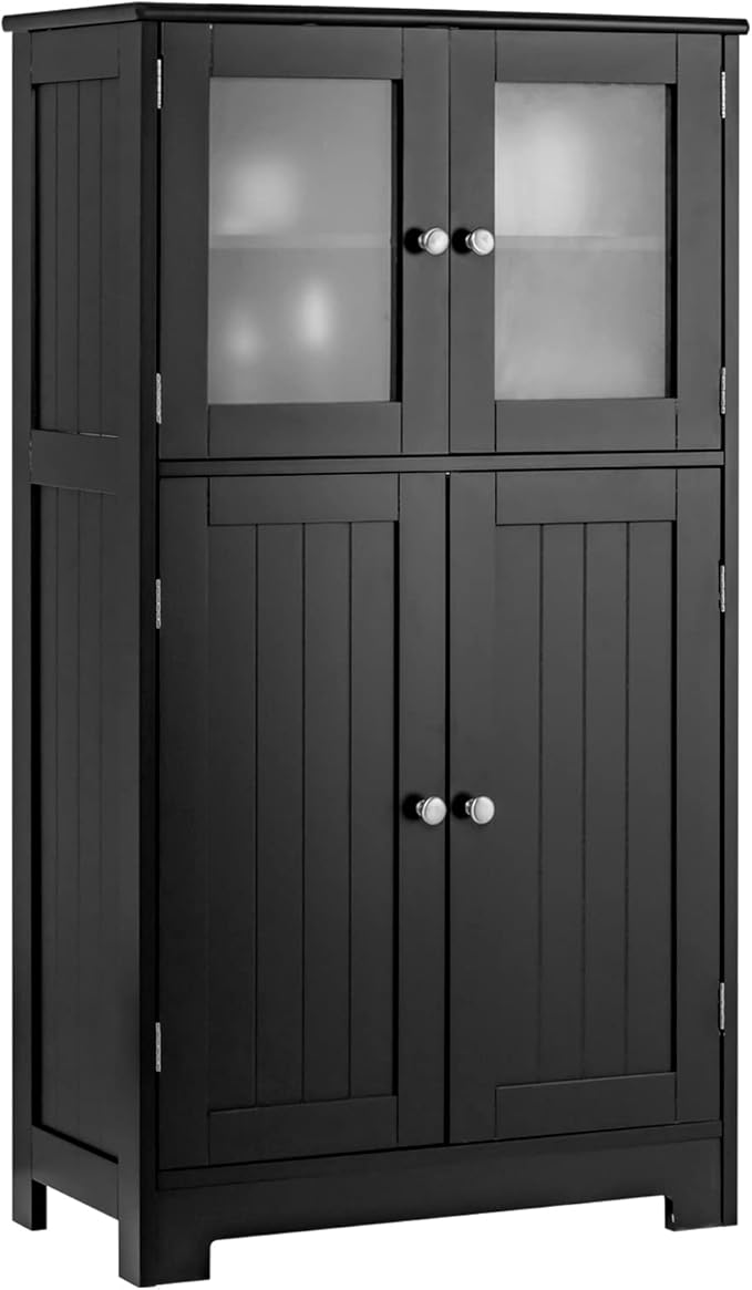 LOKO Bathroom Floor Cabinet, Storage Organizer with Glass Doors, Wooden Kitchen Cupboard with Adjustable Shelf, Versatile Floor Storage Cabinet for Bathroom, Living Room & Kitchen (Black)