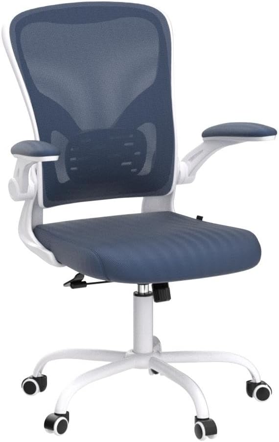 Flysky Ergonomic Office Chair, Mesh Home Office Desk Chair with Flip-up Arms and Lumbar Support, Height Adjustable, Swivel, White & Blue