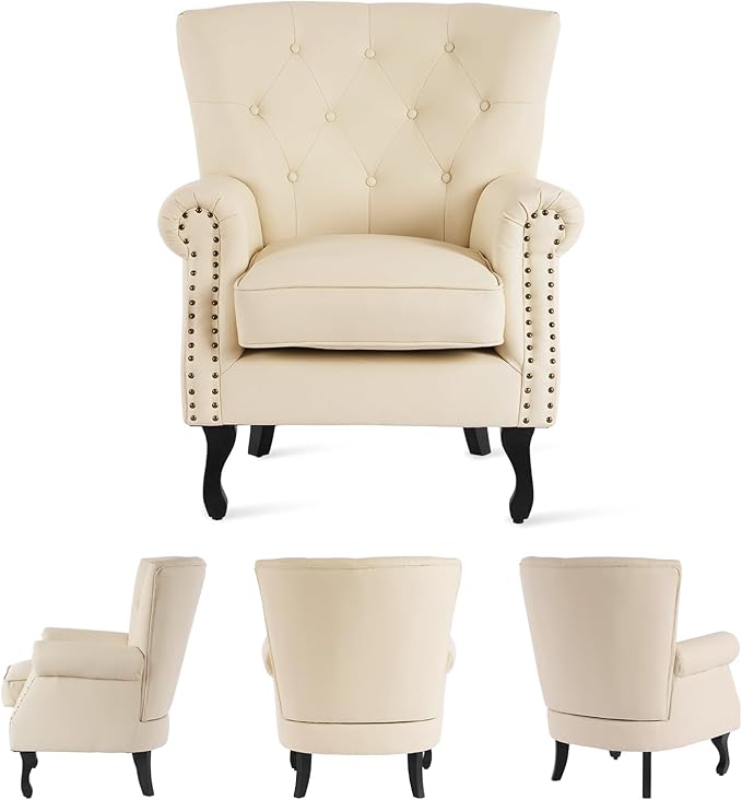 MOJAY PU Leather Accent Chair Set of 2, Modern Armchair Living Room Chair, Upholstered Club Chair with Rivet Trim, Mid-Century Sofa Chair with Sturdy Wood Legs for Bedroom (Ivory White)