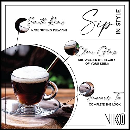 Vikko Espresso Cups, 3.25 Ounce Small Coffee Mugs with Saucer, Set of 6 Clear Glass Coffee Mug, Durable Dishwasher Safe Glass Cups for Coffee or Tea
