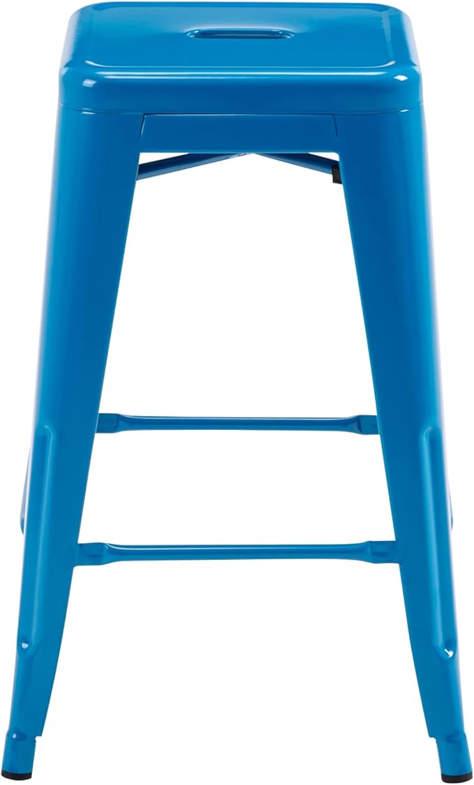 Vogue Furniture Direct 24 Inch Metal Bar Stools, Backless Counter Height Barstools, Indoor Outdoor Stackable Stools with Square Seat, Set of 2 (Blue)