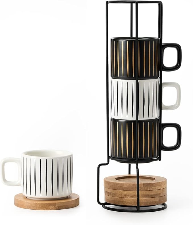 LUKA Porcelain Espresso Cup with Saucer and Metal Stand, 4 Ounce Stackable Ceramic Demitasse Espresso Mugs Cups Set for Latte, Specialty Coffee Drinks, Cafe Mocha,Tea - Set of 4, White & Black