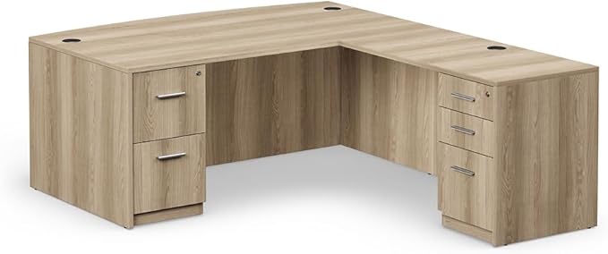nbf signature series Modern Reversible L Shape Office Desk with Drawers - Ergonomic Computer Desk with Filing Cabinet Drawers - Ideal Executive Furniture - 71" W, Warm Ash Laminate